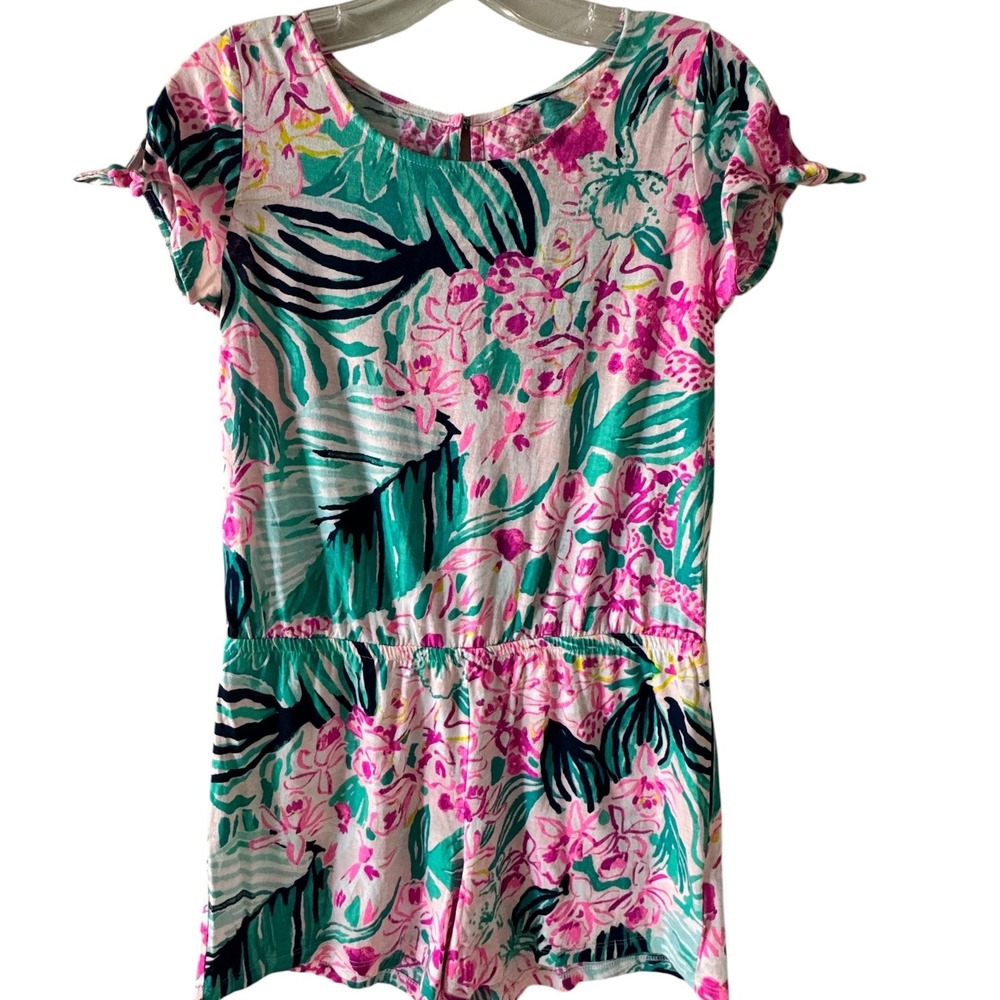 Lilly Pulitzer Girls Tropical Floral Romper Pink Green Short Sleeve Size L 12-14